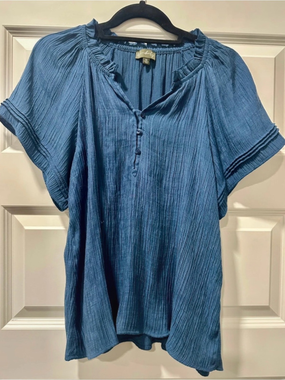 Wonderly Blue Textured Short-Sleeve Peasant Top